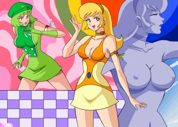 Rule 34 | 70s, armband, beret, blonde hair, breasts, brown eyes, choker, cleavage, cutie honey, dress, earrings, gloves, green eyes, hand up, hat, heart, heart armband, heart choker, jewelry, kisaragi honey, medium breasts, nagai gou, nipples, oldschool, petrification, retro artstyle, statue, toei company