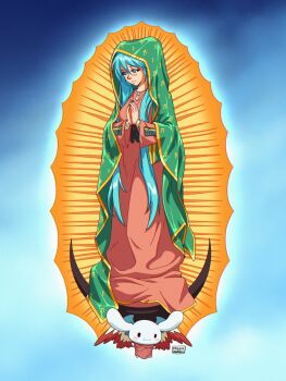 1girl aqua_eyes aqua_hair blue_nails breasts cinnamoroll commentary dress fuwa_fuwa_cinnamoroll hair_down hatsune_miku highres long_dress long_hair medium_breasts mrmiguelart musical_note musical_note_print own_hands_together pink_dress sanrio signature solo very_long_hair virgin_mary vocaloid