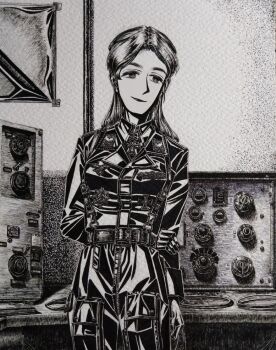 1girl belt_around_waist belt_buckle black_bodysuit black_gloves black_jacket bodysuit bordfunker133 buckle cargo_pants check_clothing clothing_request cross friedrich_rumpelhardt full-length_zipper genderswap genderswap_(mtf) gloves greyscale hand_on_own_arm highres indoors iron_cross jacket leather_belt long_hair luftwaffe military military_uniform monochrome narrowed_eyes nazi nazi_party_pin original pants photo_(medium) real_life reichsadler rumpelhardt-chan_(bordfunker133) smile solo swastika world_war_ii zipper