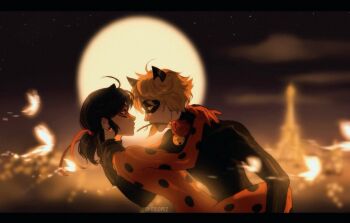 1boy 1girl adrien_agreste black_hair blonde_hair bodysuit carrying carrying_person chat_noir commentary earrings eiffel_tower english_commentary eye_contact eye_mask full_moon highres hug itslopezz jewelry ladybug_(miraculous_ladybug) letterboxed looking_at_another marinette_dupain-cheng mask miraculous_ladybug moon night profile