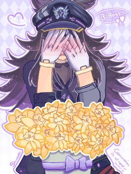 ! !! 1girl animal_ears blush covering_face english_text fenomeno_(umamusume) heart highres horse_ears horse_girl horseshoe_hat_ornament horseshoe_ornament long_hair pov shiinappi speech_bubble striped_hat trainer_(umamusume) umamusume