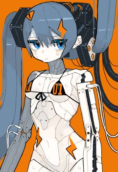 1girl aqua_hair bikini blue_eyes breasts breasts_apart cable hatsune_miku highres lightning_bolt_symbol long_hair mechanization medium_breasts muzinneki navel orange_background plug shadow simple_background solo sweatdrop swimsuit twintails very_long_hair vocaloid
