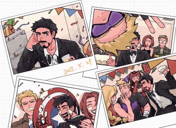 Rule 34 | 3girls, 5boys, alcohol, avengers (series), back, bandaged arm, bandages, bandaid, bandaid on cheek, bandaid on face, bare shoulders, belt, birthday, birthday cake, black-framed eyewear, black belt, black bow, black bowtie, black dress, black gloves, black hair, black jacket, black lips, black necktie, black pants, black shirt, blonde hair, blue bodysuit, blue eyes, bodysuit, bow, bowtie, braid, brown hair, brown jacket, bruce banner, buttons, cake, cake slice, candle, captain america, chair, clint barton, closed eyes, closed mouth, collarbone, collared jacket, collared shirt, colored skin, commentary, confetti, covering own mouth, cup, dated, dress, drinking glass, facial hair, fingerless gloves, fingernails, food, food on face, formal clothes, glasses, gloves, goggles, green eyes, green jacket, green skin, hand on own face, hand up, happy, hat, hawkeye (marvel), highres, holding, holding cup, holding plate, holding shield, indoors, jacket, lapels, leotard, long hair, long sleeves, looking at another, low-braided long hair, low-tied long hair, marvel, mask, mask on head, multicolored skin, multiple boys, multiple girls, nail polish, natasha romanoff, necktie, on chair, open clothes, open jacket, pants, party hat, photo (object), plate, purple-tinted eyewear, purple hat, red gloves, red hair, red leotard, red mask, red nails, red skin, red tank top, scarlet witch, shadow, shield, shirt, short hair, short sleeves, sitting, sleeveless, sleeveless dress, smile, star (symbol), star print, steve rogers, string of flags, striped hat, suit, suit jacket, superhero costume, symbol-only commentary, t-shirt, table, tank top, teeth, tinted eyewear, tony stark, vision (marvel), wanda maximoff, weibo 7899261198, white shirt, wine