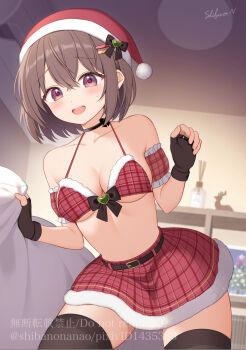 1girl aina_(uramakaron) bare_shoulders belt bikini bikini_top_only black_choker black_gloves black_thighhighs breasts brown_hair choker cleavage commentary_request detached_sleeves fingerless_gloves front-tie_bikini_top front-tie_top fur-trimmed_skirt fur_trim gloves halterneck hat highres looking_at_viewer medium_breasts miniskirt open_mouth original pink_eyes plaid_clothes plaid_skirt red_bikini red_hat red_skirt ribbon_choker santa_hat short_hair short_sleeves skirt smile solo string_bikini swimsuit thighhighs uramakaron zettai_ryouiki