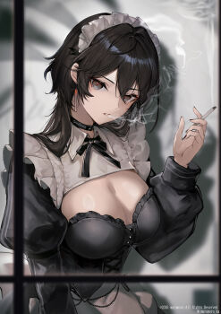1girl black_choker black_dress black_eyes black_hair breasts choker cigarette cleavage commentary dress earrings english_commentary highres holding holding_cigarette jewelry large_breasts long_hair looking_at_viewer maid maid_headdress marumoru original shadow smoking solo upper_body white_headdress