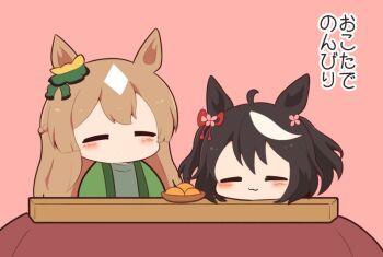 2girls :3 animal_ears black_hair blush bow bowl brown_hair chibi chibi_only closed_eyes closed_mouth commentary_request double-parted_bangs ear_ribbon food fruit gomashio_(goma_feet) horse_ears horse_girl kitasan_black_(umamusume) kotatsu long_hair mandarin_orange multicolored_hair multiple_girls no_mouth pink_background red_ribbon ribbon satono_diamond_(umamusume) simple_background smile table translation_request two-tone_hair umamusume upper_body white_hair