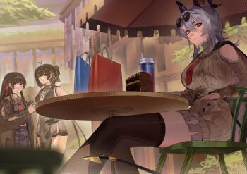 3girls absurdres ahoge bag bare_shoulders black_bow black_choker black_hair black_horns black_nails black_serafuku black_shirt black_skirt black_thighhighs bow breasts cake cake_slice chisa_(wuthering_waves) choker closed_mouth clothing_cutout commentary cross-laced_clothes cross-laced_dress cup curled_horns dress english_commentary evening female_rover_(wuthering_waves) fingernails food grey_dress grey_hair hair_between_eyes hair_bow hair_ribbon highres holding holding_cup horns large_breasts leppib long_hair looking_at_viewer medium_breasts multiple_girls nail_polish neckerchief necktie official_alternate_costume red_eyes red_neckerchief red_necktie red_ribbon ribbon rover_(wuthering_waves) sailor_collar school_uniform serafuku shirt shopping_bag shoulder_cutout sitting skirt sleeveless sleeveless_dress smile sweater sweater_dress tacet_mark_(wuthering_waves) thighhighs thighs white_sailor_collar wuthering_waves yellow_ribbon zani_(downtown_repose)_(wuthering_waves) zani_(wuthering_waves)