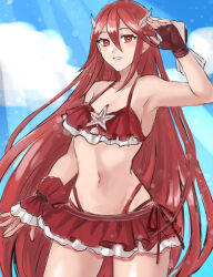 Rule 34 | 1girl, bare shoulders, bikini, blue sky, cloud, commentary request, cordelia (fire emblem), cordelia (summer) (fire emblem), feather hair ornament, feathers, fingerless gloves, fire emblem, fire emblem awakening, fire emblem heroes, gloves, hair between eyes, hair ornament, hazuki (nyorosuke), highres, long hair, looking at viewer, navel, nintendo, official alternate costume, red bikini, red eyes, red hair, sky, smile, solo, swimsuit, very long hair