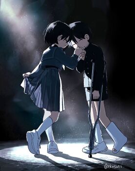 1boy 1girl black_hair cast closed_eyes commentary_request couple crutch curtsey full_body gakuran highres kiss kissing_hand original school_uniform serafuku short_hair skirt smile spotlight takanashi_atashi