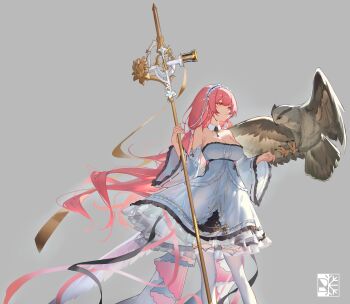 1girl absurdres animal_on_arm azur_lane bird bird_on_arm breasts cleavage commentary detached_sleeves dress english_commentary feathered_wings feet_out_of_frame frilled_hairband frills gold_ribbon grey_background hairband highres holding holding_polearm holding_weapon large_breasts long_hair long_sleeves looking_to_the_side owl perseus_(azur_lane) pink_eyes pink_hair polearm rein_yukimatsu solo strapless strapless_dress thighhighs very_long_hair weapon white_dress white_thighhighs white_wings wide_sleeves wings