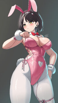 Rule 34 | 1girl, absurdres, animal ear hairband, animal ears, brown hair, clothing cutout, covered navel, fake animal ears, goddess of victory: nikke, hairband, heart cutout, highres, implied vibrator, leotard, milk (blooming bunny) (nikke), milk (nikke), navel cutout, official alternate costume, pink leotard, rabbit ear hairband, rabbit ears, sagle, solo, undersized breast cup, vibrator cord, yellow eyes