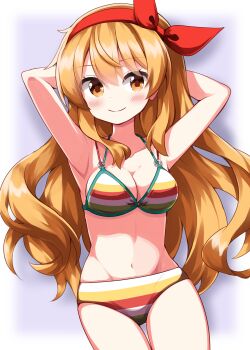 Rule 34 | 1girl, armpits, arms behind head, arms up, bikini, blonde hair, blush, breasts, cleavage, closed mouth, commentary request, cowboy shot, ellen (touhou), green bikini, groin, hair between eyes, hairband, highres, long hair, looking at viewer, medium breasts, multicolored bikini, navel, red bikini, red hairband, ruu (tksymkw), smile, solo, standing, swimsuit, touhou, touhou (pc-98), white bikini, yellow bikini