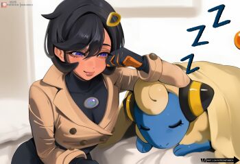 1girl black_bodysuit black_hair blue_eyes bodysuit breasts brown_jacket commentary emma_(pokemon) english_commentary gen_2_pokemon highres jacket lady_shin large_breasts mareep mega_stone nintendo pokemon pokemon_(creature) pokemon_legends:_z-a sheep short_hair sleeping upper_body zzz