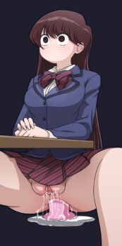 1girl anal anal_object_insertion anus bad_anatomy black_eyes blue_jacket bow bowtie breasts brown_hair desk diagonal-striped_bow diagonal-striped_bowtie diagonal-striped_clothes dildo dildo_riding fat_mons female_masturbation female_pervert invisible_chair jacket komi-san_wa_komyushou_desu komi_shouko long_hair masturbation medium_breasts mike_inel miniskirt no_mouth no_panties object_insertion pervert pussy pussy_juice school_uniform sex_toy sitting skirt solo spread_legs striped_bow striped_bowtie striped_clothes striped_skirt trembling uncensored