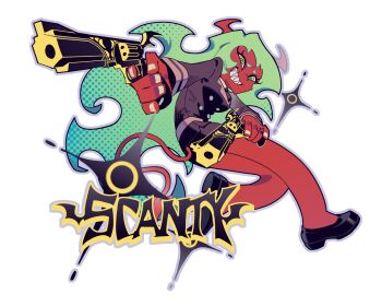 1girl aiming black_jacket black_shoes blazer character_name colored_skin contrast_lapels crazy_smile demon demon_horns double_gold_lacytanga_(psg) green_hair green_pupils gun halftone handgun highres horns jacket lapels looking_at_viewer narrowed_eyes official_style panty_&amp;_stocking_with_garterbelt panty_&amp;_stocking_with_garterbelt_(style) pencil_skirt red_skin revolver scanty_(psg) sharp_teeth shoes short_eyebrows silcifer simple_background skirt slit_pupils smile solo teeth weapon white_background white_nails yellow_eyes