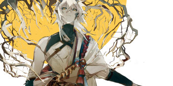 1boy colored_sclera hair_between_eyes ibaraki_douji_(onmyoji) japanese_clothes long_hair male_focus mississipping onmyoji simple_background solo tassel white_hair yellow_background