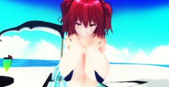3d artist_request beach bikini blue_sky braid breasts eyebrows juice large_breasts looking_at_viewer nipples onozuka_komachi pov red_eyes red_hair scythe seductive_smile sexually_suggestive short_hair sky smile string_bikini swimsuit tagme touhou