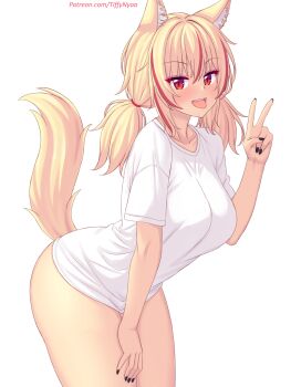 1girl animal_ears black_nails blonde_hair blush bottomless breasts cat_ears cat_girl cat_tail collarbone fang hand_on_own_thigh highres large_breasts leaning_forward long_hair looking_at_viewer low_twintails multicolored_hair nottytiffy open_mouth original red_eyes red_hair shirt short_sleeves slit_pupils smile standing streaked_hair tail teeth tiffy_(nottytiffy) tongue tongue_out twintails v white_background white_shirt