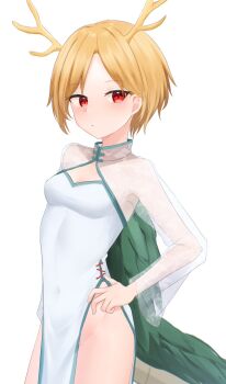 1girl antlers blonde_hair blue_dress blush china_dress chinese_clothes dakuazu dragon_girl dragon_horns dragon_tail dress green_scales green_tail highres horns kicchou_yachie long_sleeves looking_at_viewer monster_girl puffy_long_sleeves puffy_sleeves red_eyes scales see-through_clothes see-through_sleeves short_hair side_slit simple_background solo tail touhou turtle_shell white_background yellow_horns