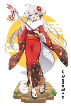 ahoge arrow_(projectile) black_choker camellia cat cat_girl cat_tail choker ema flower fur_scarf geta highres holding holding_arrow indie_virtual_youtuber japanese_clothes kimono long_eyelashes mofu_(vtuber) mofu_mollis nekoromancer new_year obi original purple_eyes sash self-upload sharp_teeth slit_pupils stuffed_toy tabi tail teeth twintails white_hair