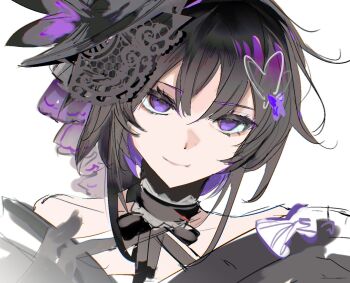 Rule 34 | 1girl, bare shoulders, black choker, black hair, black hat, butterfly hair ornament, choker, closed mouth, hair ornament, hat, highres, housho margo, looking at viewer, mahou shoujo no majo saiban, mol 016, parted bangs, purple eyes, short hair, simple background, smile, solo, top hat, upper body, white background