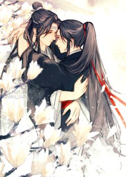 2boys aki_uzuzame bishounen black_hair black_hanfu branch chinese_clothes commentary_request couple eye_contact face-to-face flower grey_eyes hair_ribbon hanfu headband high_ponytail highres hug imminent_kiss lan_wangji light_particles light_smile long_hair long_sleeves looking_at_another male_focus modao_zushi multiple_boys parted_lips petals ponytail profile red_ribbon red_sash ribbon robe sash sidelocks standing topknot twitter_username upper_body very_long_hair watermark wei_wuxian white_flower white_hanfu white_headband wide_sleeves xiao_guan_(headdress) yaoi yellow_eyes