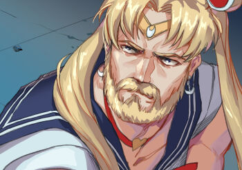 1boy beard bishoujo_senshi_sailor_moon bishoujo_senshi_sailor_moon_s blonde_hair blue_eyes blue_sailor_collar bow bowtie choker circlet closed_mouth collarbone commentary crescent crescent_earrings crossdressing crossdressing_(mtf) derivative_work earrings english_commentary facial_hair from_side genderswap genderswap_(ftm) hair_ornament hair_over_shoulder heart heart_choker jewelry kws long_hair male_focus manly meme mustache parted_bangs portrait red_bow red_bowtie red_choker reference_work sailor_collar sailor_moon sailor_moon_redraw_challenge_(meme) sailor_senshi_uniform school_uniform screenshot_redraw serafuku serious solo tsukino_usagi twintails upper_body