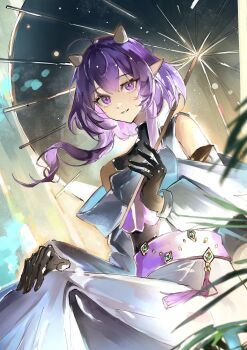 Rule 34 | 1girl, bamboo, black gloves, commentary, dress, gloves, highres, holding, holding umbrella, horns, leaf, long hair, looking at viewer, open mouth, original, outdoors, pointy ears, purple eyes, purple hair, solo, umbrella, untranslatable commentary, watabosi 28, white dress