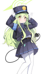 Rule 34 | 1girl, absurdres, belt, black belt, black hat, black jacket, black skirt, black tail, blue archive, blush, closed mouth, demon tail, earrings, feet out of frame, green hair, green halo, halo, hat, highres, hikari (blue archive), jacket, jewelry, long hair, long sleeves, looking at viewer, pantyhose, peaked cap, pleated skirt, pointy ears, simple background, skirt, solo, tail, white background, white pantyhose, yellow eyes, yoi0341