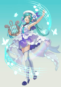 1girl absurdres aqua_nails arm_up armpits beret breasts bug butterfly dress green_eyes green_hair hair_between_eyes harp hat hatsune_miku high_heels highres holding_harp insect instrument long_hair medium_breasts musical_note musical_staff open_mouth pumps purple_dress saito_(otias) sleeveless sleeveless_dress smile solo thighhighs twintails vocaloid white_hat white_thighhighs
