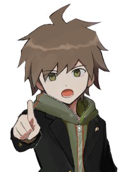 1boy ahoge black_jacket brown_hair danganronpa:_trigger_happy_havoc danganronpa_(series) green_eyes hairstarfish hood hood_down jacket long_sleeves male_focus naegi_makoto open_clothes open_jacket open_mouth short_hair simple_background solo upper_body white_background