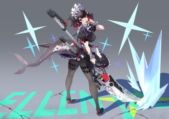 1girl absurdres black_pantyhose black_shoes candy character_name colored_inner_hair commentary_request dokuma3 ellen_joe fins fish_tail food frilled_wristband from_behind full_body grey_background hairband highres holding holding_candy holding_food holding_lollipop holding_weapon ice legs_apart lollipop lollipop_in_mouth looking_at_viewer looking_back maid_headdress metal_hairband mole mole_under_eye multicolored_hair open_mouth pantyhose razor_blade_hair_ornament red_nails scar scar_on_tail shadow shark_girl shark_tail sharp_teeth shoes solo sparkle spiked_headband tail teeth weapon zenless_zone_zero