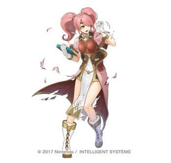 1girl armor battle_damage book boots breastplate breasts brown_tunic circlet commentary_request damaged dress fire_emblem fire_emblem_echoes:_shadows_of_valentia fire_emblem_heroes freestyle18 gloves holding holding_book long_hair mae_(fire_emblem) medium_breasts nintendo official_art one_eye_closed open_mouth pelvic_curtain pink_dress pink_hair red_eyes short_sleeves simple_background solo torn_clothes tunic twintails white_background white_boots white_gloves