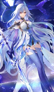 1girl absurdres all-devouring_narwhal_(genshin_impact) breasts chest_harness dress expressionless genshin_impact gradient_thighhighs harness highres holding holding_sword holding_weapon large_breasts light_particles long_hair night night_sky purple_hair purple_hands purple_thighhighs red_eyes skirk_(genshin_impact) sky solo sword thighhighs weapon white_dress white_hair youyou_(yuyu20968)