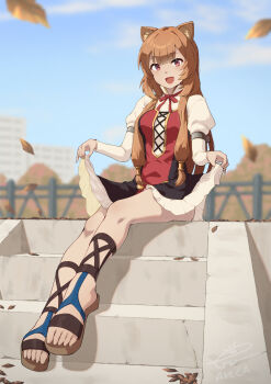1girl animal_ear_fluff animal_ears blush bow bowtie breasts commission dress esw_artca frilled_dress frills highres long_hair looking_at_viewer medium_breasts open_mouth orange_hair outdoors pixiv_commission raphtalia red_bow red_bowtie red_eyes sandals short_sleeves sitting solo tate_no_yuusha_no_nariagari
