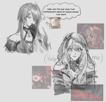Rule 34 | 2girls, ?, ??, acheron (honkai: star rail), bare shoulders, black gloves, black swan (honkai: star rail), breasts, confused, english text, gloves, greyscale, hair over one eye, highres, honkai: star rail, honkai (series), long hair, marimo (marimo00 88), monochrome, multiple girls, nervous sweating, ptsd, scared, scene reference, sketch, speech bubble, sweat, told you not to do that, traumatized, veil, very long hair, wide-eyed