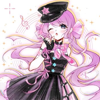 Rule 34 | 1girl, ;o, armband, bare shoulders, black collar, black dress, black gloves, black hat, blue eyes, bow, bowtie, chinese commentary, collar, commentary request, cowboy shot, cyfrost, detached collar, dot nose, double bun, dress, eyelashes, fingerless gloves, fingernails, gloves, hair bun, hair ribbon, halftone, hat, hat ornament, hexagram, highres, layered dress, light blush, light particles, long hair, looking at viewer, low twintails, musical note, nikki (series), one eye closed, open mouth, outline, peaked cap, pink armband, pink bow, pink bowtie, pink dress, pink ribbon, pleated dress, purple hair, ribbon, ribbon-trimmed headwear, ribbon trim, see-through ribbon, shining nikki, short dress, solo, sparkle, standing, star (symbol), star button, star hat ornament, strapless, strapless dress, studded armlet, studded gloves, swept bangs, treble clef, twintails, very long hair, voice of desire (shining nikki), wavy hair, white background, wrist ribbon, yellow outline