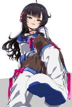 1girl ahoge arm_at_side assault_lily belt belt_buckle black_belt black_hair blue_choker blue_sailor_collar blue_skirt blunt_bangs boots bow brown_pantyhose buckle chest_belt choker foot_out_of_frame frilled_shirt frills from_below hair_ornament hair_ribbon hand_on_own_arm hand_up leg_up leg_warmers light_blush long_hair long_sleeves mototenn neck_ribbon off_shoulder pantyhose parted_lips pink_bow pink_ribbon red_ribbon ribbon sailor_collar school_uniform serafuku shirt shoe_soles simple_background sitting skirt smile solo tsukioka_chino white_background white_boots white_leg_warmers white_shirt x_hair_ornament yellow_eyes