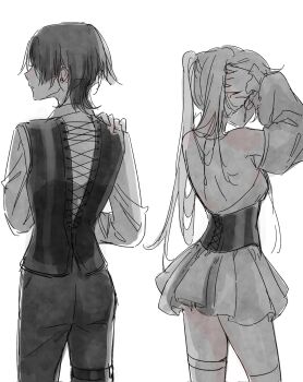 1boy 1girl alternate_costume backless_dress backless_outfit bare_shoulders blunt_ends breasts closed_mouth corset couple cross-laced_clothes cross-laced_corset cross-laced_vest dress earrings facing_to_the_side frilled_sleeves frills from_behind genshin_impact greyscale hand_in_own_hair hand_on_own_shoulder hetero highres jewelry long_hair long_sleeves medium_breasts monochrome oc_x_canon original pants pleated_dress scaramouche_(genshin_impact) shoulder_blades thigh_strap thighhighs twintails undershirt yoontrsh
