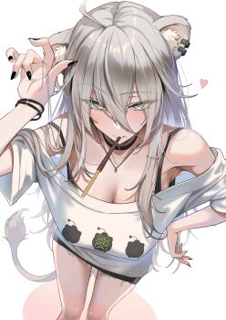 Rule 34 | absurdres, ahoge, animal ear piercing, animal ears, black bra, black choker, black skirt, bra, bra strap, breasts, choker, commentary request, double-parted bangs, food, food in mouth, grey eyes, grey hair, hair between eyes, hand on own hip, hand up, highres, hololive, jewelry, large breasts, lion ears, lion girl, lion tail, long hair, long hair between eyes, looking at viewer, loose clothes, loose shirt, messy hair, miniskirt, necklace, official alternate costume, official alternate hairstyle, omoti (1201208), pocky, pocky in mouth, shirt, shishiro botan, shishiro botan (midnight convenience store), simple background, skirt, t-shirt, tail, underwear, virtual youtuber, white background, white shirt