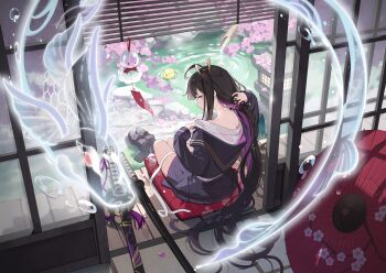 1girl ahoge black_hair black_sailor_collar black_serafuku black_shirt black_shoes black_skirt black_socks chitose_(stella_sora) collared_shirt dragon eastern_dragon full_body game_cg highres katana long_sleeves looking_at_viewer looking_back miniskirt multicolored_hair nape non-web_source official_art one_side_up open_clothes open_shirt parted_lips pleated_skirt purple_eyes purple_hair sailor_collar school_uniform serafuku sheath sheathed shirt shoes skirt sleeves_past_wrists socks solo stella_sora streaked_hair sword teruterubouzu undressing unworn_shoes unworn_socks weapon white_shirt