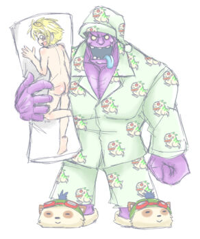1boy colored_skin dakimakura_(object) dr._mundo ezreal kog'maw league_of_legends nude pajamas pillow purple_skin teemo yuuji_(sdcg00)