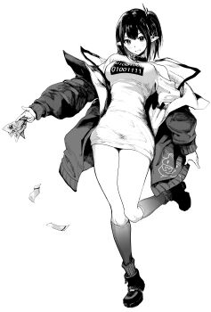 1girl absurdres arknights belt_collar breasts closure_(arknights) collar commentary_request full_body greyscale highres holding holding_money jacket kneehighs long_hair long_sleeves looking_at_viewer lungmen_dollar medium_breasts money monochrome off_shoulder open_mouth pointy_ears shirt shoes socks solo standing standing_on_one_leg t-shirt utsuke