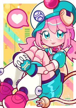 Rule 34 | 1girl, :p, absurdres, android, animal collar, animal ears, aqua dress, aqua eyes, aqua hat, artist name, asui inui (vtuber), baseball cap, bike shorts, black shorts, blush stickers, bolt (hardware), border, borrowed character, closed mouth, collar, colored speech bubble, commentary, dog ears, dog girl, dress, electric plug, electric plug tail, extra ears, full body, gloves, hair between eyes, hat, heart, highres, hugging own legs, indie virtual youtuber, joints, leg warmers, legs together, looking at viewer, marikyuunn, medium hair, neckerchief, outline, pink hair, puffy short sleeves, puffy sleeves, red collar, red neckerchief, red shoes, robot girl, robot joints, sailor collar, shoes, short dress, short sleeves, short twintails, shorts, sitting, smile, solo, speech bubble, spoken heart, studded collar, swept bangs, tail, thick eyebrows, tilted headwear, tongue, tongue out, twintails, untranslatable commentary, virtual youtuber, white gloves, white leg warmers, white outline, yellow background