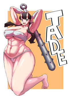 1girl abs armpits arms_behind_head arms_up black_hair breasts brown_eyes character_name chest_sarashi collarbone covered_erect_nipples dungeon_meshi female_focus full_body fundoshi horns huge_breasts inutade japanese_clothes kneeling long_hair looking_at_viewer low_twintails missing_tooth mole mole_under_eye muscular muscular_arms muscular_female navel oni open_mouth orange_background ranka16 sarashi skin-covered_horns smile solo tall_female teeth thighs thong tongue twintails two-tone_background upper_teeth_only white_background wide_hips