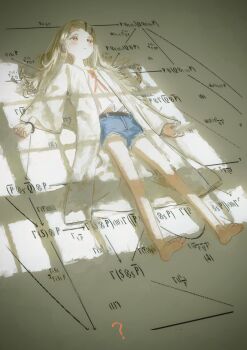 1girl ? barefoot belt black_belt blonde_hair blue_shorts blush chi_(luckyeric320) commentary_request denim denim_shorts flipped_hair gakuen_idolmaster hair_ornament hairclip highres idolmaster long_hair long_sleeves looking_up lying math midriff_peek on_back on_floor open_clothes open_robe orange_eyes orange_ribbon parallel_hairclips parted_bangs parted_lips ribbon robe shinosawa_hiro short_shorts shorts solo white_robe wide_sleeves window_shadow wristband