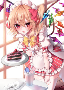 1girl absurdres alternate_costume apron blonde_hair blush bow bowtie cake cake_slice commentary_request crystal crystal_wings enmaided fang flandre_scarlet food fork hair_bow highres holding holding_tray knife maid maid_apron maid_headdress multicolored_wings one_side_up open_mouth plate pointy_ears red_bow red_eyes rori82li skin_fang sleeve_bow solo table thighhighs touhou tray white_apron white_thighhighs wings wrist_cuffs yellow_bow yellow_bowtie