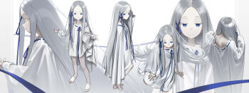 Rule 34 | 1girl, absurdres, back, bare shoulders, barefoot, blue eyes, blue ribbon, closed eyes, closed mouth, colored eyelashes, commentary request, dress, expressionless, facing away, forehead, from behind, full body, grey hair, hair ribbon, hair spread out, hdk moon, highres, long hair, looking at viewer, multiple views, off shoulder, pale skin, pandora (re:zero), parted bangs, profile, re:zero kara hajimeru isekai seikatsu, ribbon, ribbon-trimmed dress, ribbon trim, simple background, sitting, smile, standing, upper body, very long hair, white background, white dress
