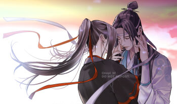 Rule 34 | 2boys, bishounen, black hair, black hanfu, chinese clothes, closed eyes, closed mouth, commentary request, couple, facing another, floating hair, hair ribbon, hand on another's hand, hands on another's cheeks, hands on another's face, hanfu, headband, high ponytail, holding another's wrist, lan wangji, long hair, long sleeves, male focus, modao zushi, multiple boys, ponytail, red ribbon, ribbon, robe, sidelocks, sleeves past wrists, topknot, twitter username, upper body, watermark, wei wuxian, white hanfu, white headband, wide sleeves, xiao guan (headdress), yaoi, ykmr (haga)