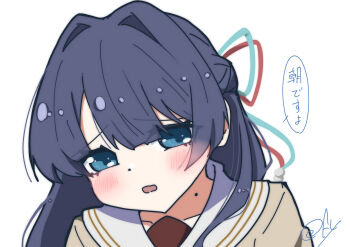 Rule 34 | 1girl, absurdres, blue eyes, blue ribbon, blush, braid, brown cardigan, cardigan, colored speech bubble, commentary request, hair ribbon, half up braid, half updo, hasu no sora school uniform, highres, link! like! love live!, long hair, looking at viewer, love live!, mole, mole on neck, murano sayaka, oofushi ao, portrait, raised inner eyebrows, red ribbon, ribbon, sailor collar, school uniform, simple background, solo, speech bubble, translation request, virtual youtuber, white background, white sailor collar, winter uniform